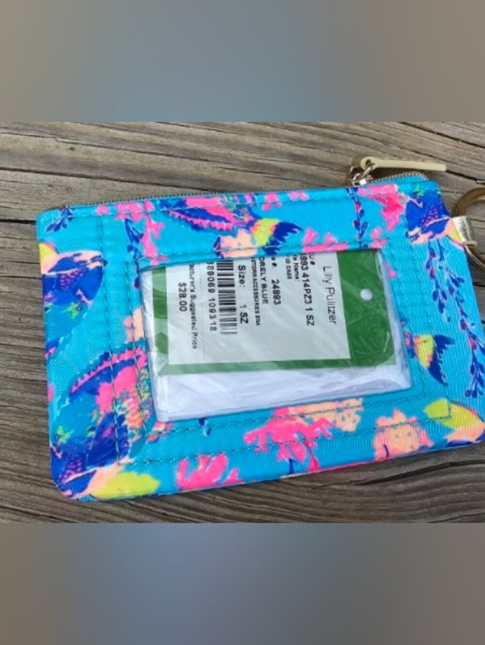 Lilly Pulitzer Blue Tropical Print Id Card Wristlet with Gold Trim Sandstorm - Picture 3 of 3